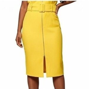 Jenn Yellow Belted Pencil Skirt Front Zip Midi Knee Length Size L